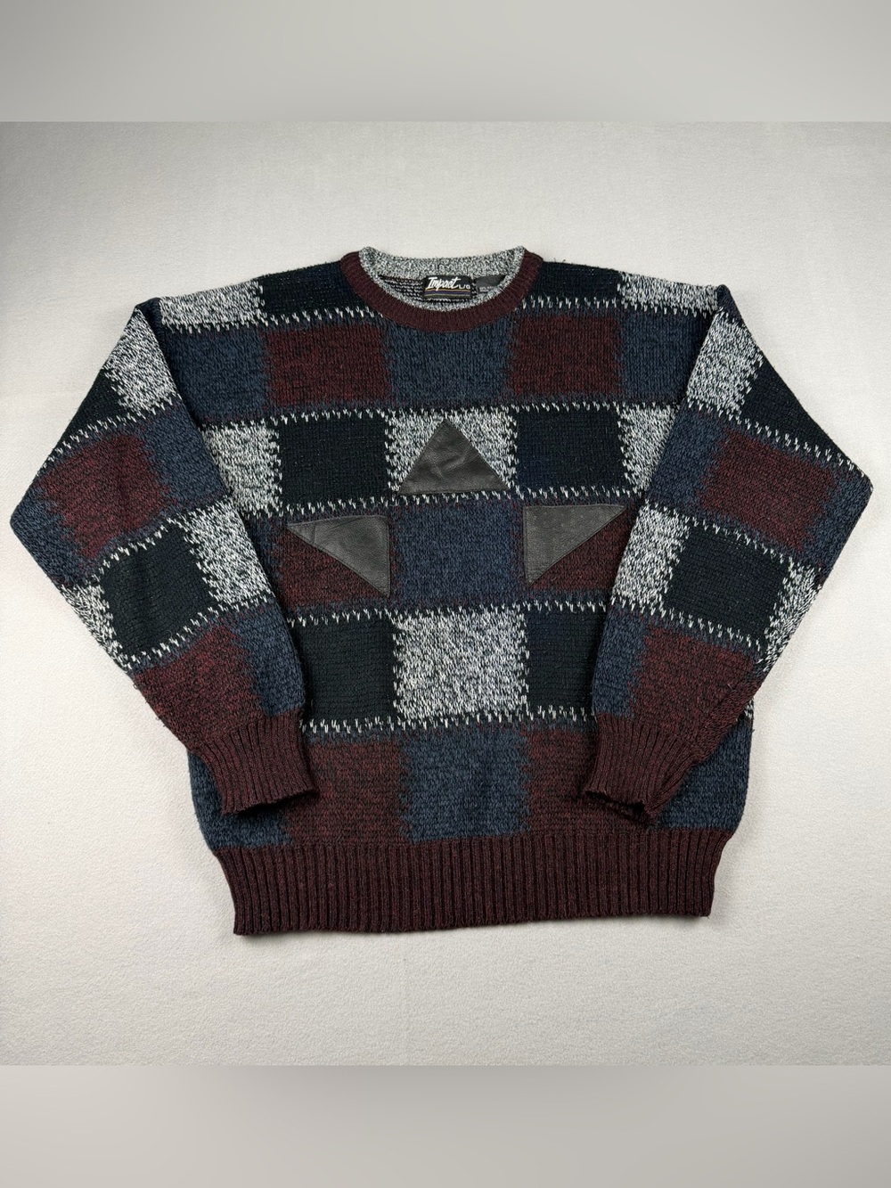 90s Men's Burgundy, Checker Crewneck Sweater with Leather Accents - vintage